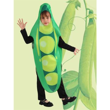 Kids green pea pod tunic costume with three yellow peas printed on front