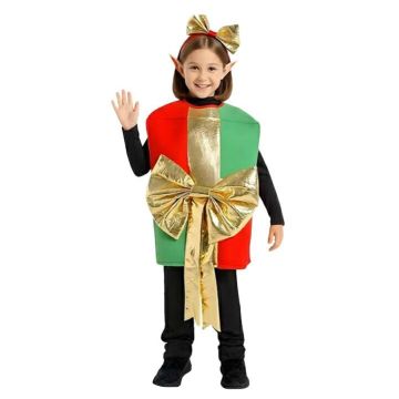 Kids Christmas gift box costume with red and green felt tunic and gold bow