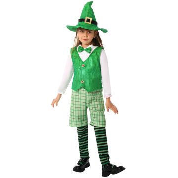 Kids emerald green leprechaun costume with pointed hat and plaid shorts