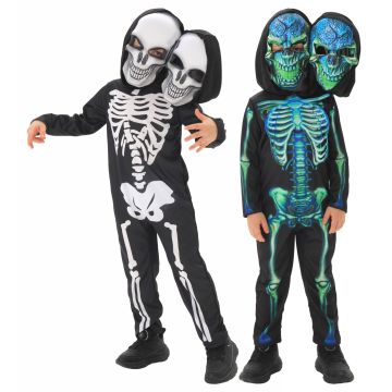 Full-length hooded skeleton jumpsuit showing ribcage and spine print detail