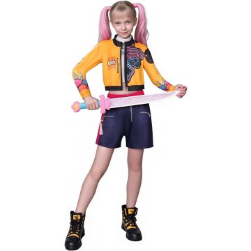 Kids orange bomber jacket costume with abstract swirl graphics and navy shorts