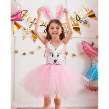 Kids Pink Bunny Tutu Dress Costume with Ears Headband