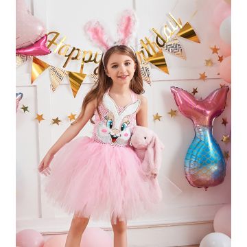 Kids pink bunny tutu dress costume with sequined bunny face and plush ears headband