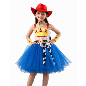 Kids cowgirl tutu dress costume in royal blue with red hat and yellow chest panel