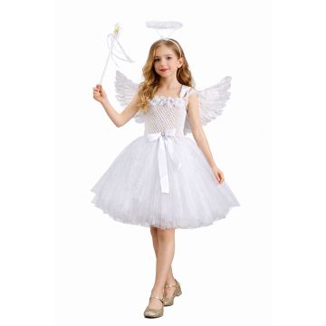 Kids white angel costume with feathered wings and tutu skirt