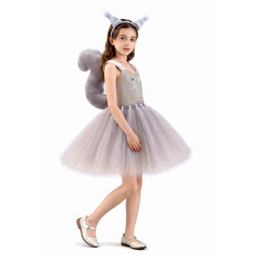 Kids grey squirrel tutu costume with sparkle skirt and plush tail