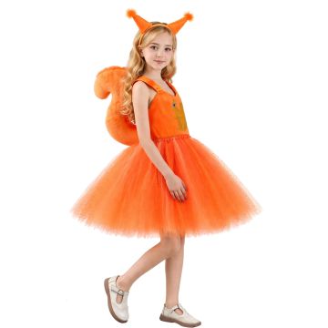 Kids orange squirrel tutu costume with glitter bodice and plush tail