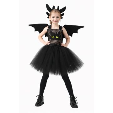 Kids black dragon tutu costume with green eye details and wings