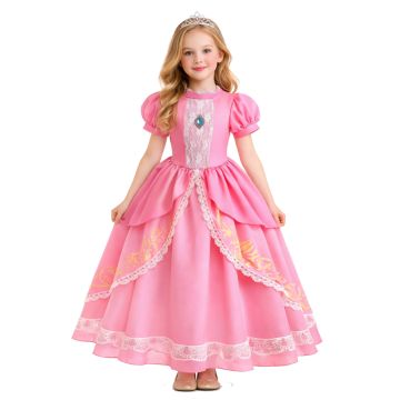 Girls pink princess ball gown costume with layered tulle skirt and crown