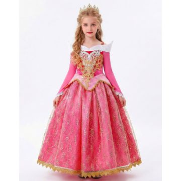 Girls pink princess ball gown with gold embroidered lace and white collar