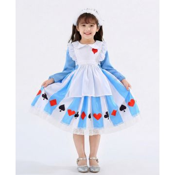 Girls Alice storybook costume dress in sky blue with white pinafore apron and playing card symbols