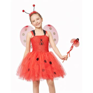 Kids red ladybug fairy tutu costume with black spots and pink gradient wings
