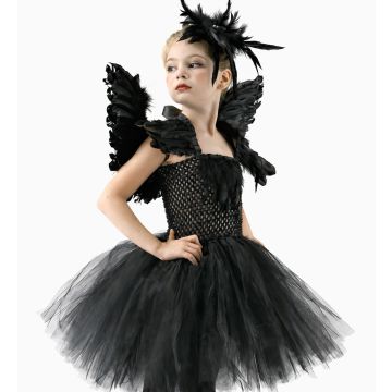 Kids Dark Angel Raven Costume with Feather Wings and Hair Clip