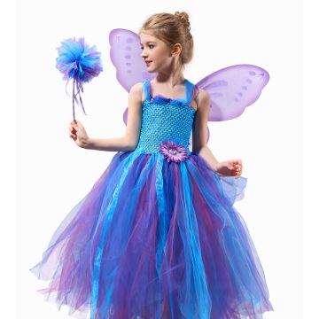 Kids butterfly fairy costume with blue purple tulle skirt and sequined bodice