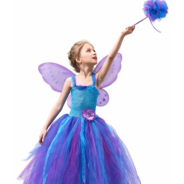 Kids Butterfly Fairy Costume with Wings and Wand - Blue Purple Dress