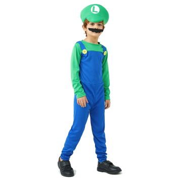 Boys green plumber costume with blue overalls and matching cap
