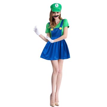 Adult ladies green plumber dress costume with blue suspender overlay and character hat