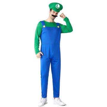 Green hat with white logo and black moustache included with costume