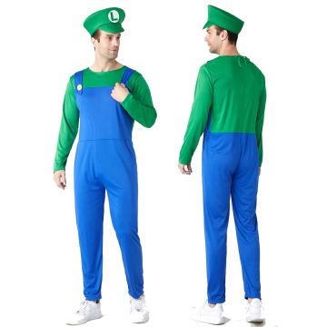 Adult Green Plumber Costume with Hat and Moustache