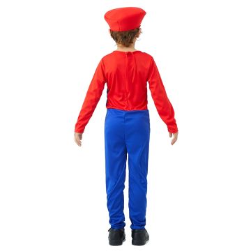Kids Video Game Plumber Costume Red and Blue Jumpsuit with Hat