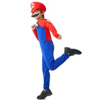 Red and blue overalls-style jumpsuit with yellow button detail front view