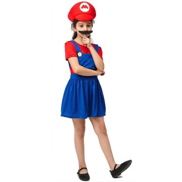 Girls red plumber costume with blue dress and character hat