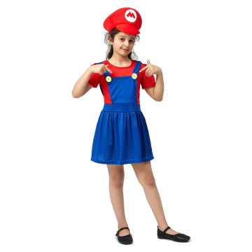 Girls Red Plumber Costume with Hat and Mustache - Video Game Character Dress