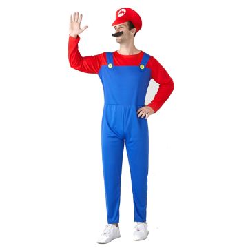 Adult red plumber costume jumpsuit with blue overalls and cap front view