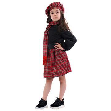 Girls Scottish Highland tartan costume with red plaid skirt and black blouse