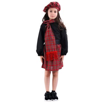 Girls Scottish Highland Tartan Costume - Red Plaid Dress Set with Hat Scarf