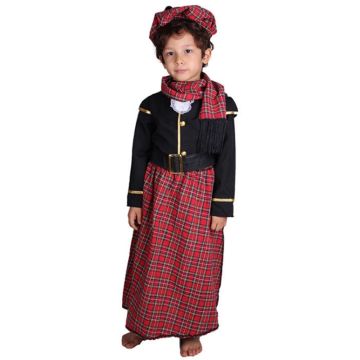 Kids Scottish Highland costume with red tartan skirt and matching hat