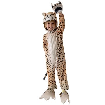 Kids leopard costume jumpsuit with spotted pattern and attached hood