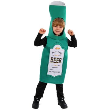 Kids green beer bottle novelty costume with tall padded headpiece