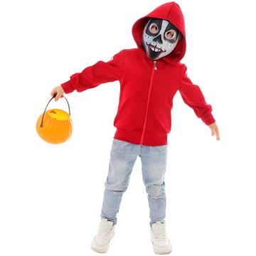 Kids Day of the Dead skeleton costume with red hoodie and calavera mask