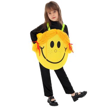 Kids smiley face costume tunic with yellow circular body and pigtails