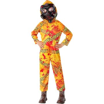 Kids wearing yellow biohazard suit costume with gas mask and caution tape print