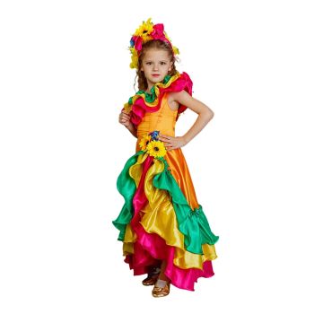 Girls Spanish flamenco dancer costume with multi-colored ruffle tiers and floral crown