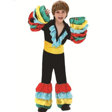 Boys Spanish flamenco dancer costume with multicoloured ruffles on black satin