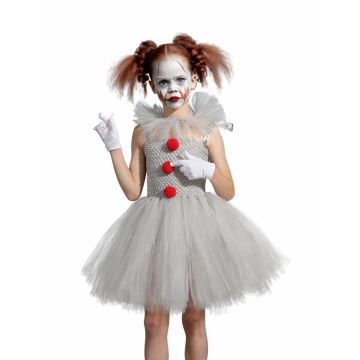 Girls scary clown tutu costume dress with grey crochet bodice and white tulle skirt