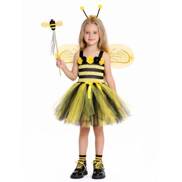 Girls bumble bee tutu costume with black-yellow striped bodice and layered skirt