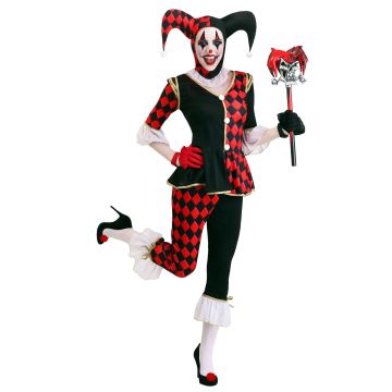 Adult harlequin jester costume with asymmetrical red black diamond pattern and three pointed hat