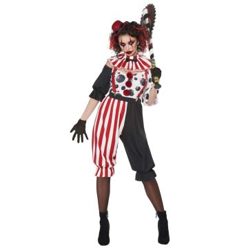 Adult horror circus clown costume with striped collar and asymmetrical pants