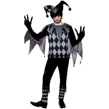 Adult dark jester costume with black and grey harlequin pattern tunic and pointed hat