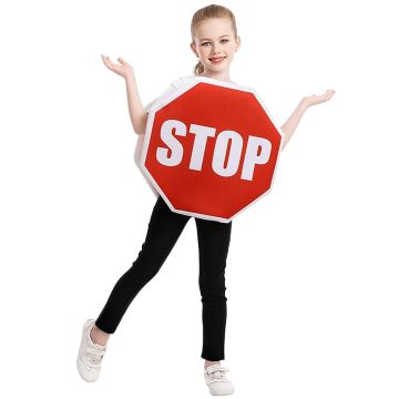 Kids stop sign tunic costume with red octagonal shape and white lettering