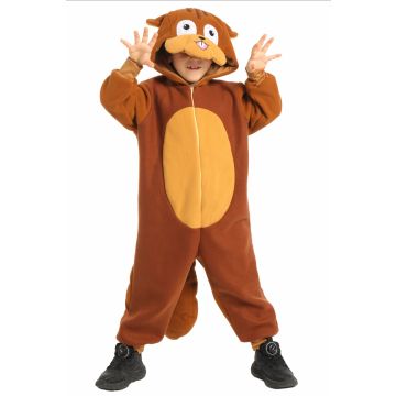 Child wearing brown bear onesie costume with hooded face and tail