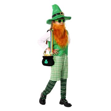 Kids Irish leprechaun costume with green vest, plaid shorts, striped stockings and orange beard