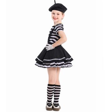 Girls Mime Artist Costume - Black & White Striped French Performer Dress Set