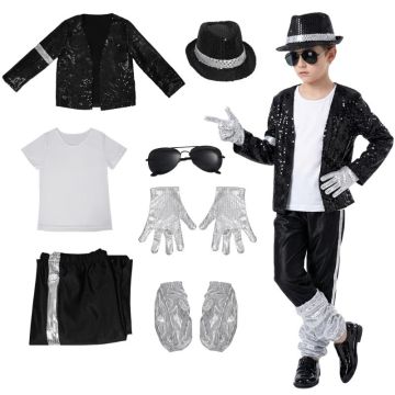 Boys 80s pop star costume 7 piece set with black jacket, fedora hat, white T-shirt, sunglasses, silver gloves, pants with silver side stripe and leg warmers