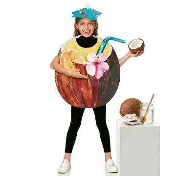 Kids tropical coconut drink costume with teal umbrella cap and metallic straw