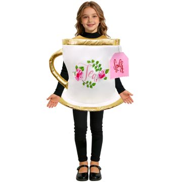 Kids teacup tabard costume with gold trim and pink rose graphics
